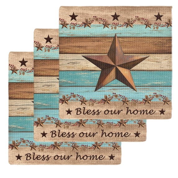 Western Texas Star Vintage Kitchen Dish Towels for Drying Dishes Set of 3, Retro Farmhouse Turquoise Brown Wood Waffle Weave Microfiber Hand Tea Bathroom Towels Quick Dry & Absorbent Towel 12x12