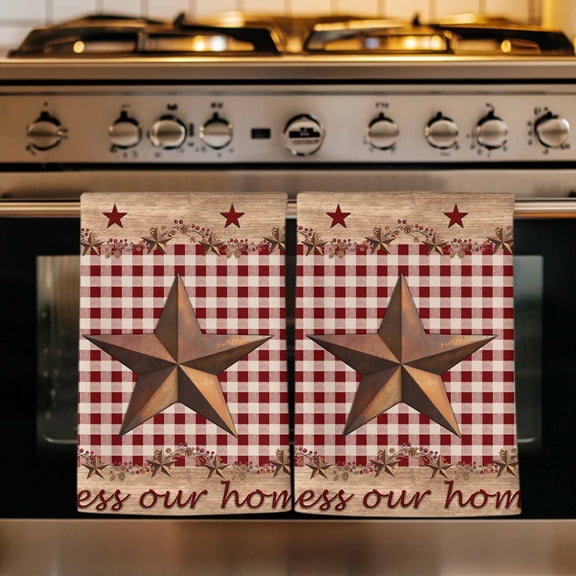 Western Texas Star Vintage Kitchen Towels Set of 1, Rustic Wreath Wood Red Plaid Absorbent Dish Towels for Kitchen, Microfiber Hand Towel, Quick Drying Tea Towel for Cleaning Decorative Dishcloths