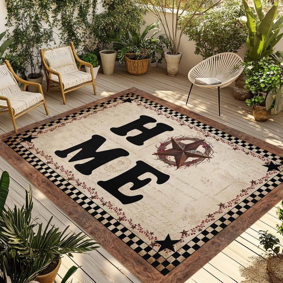 Western Texas Star Vintage Outdoor Rug for Patio/Deck/Porch, Non-Slip Large Area Rug 4 x 6 Ft, HOME Buffalo Plaid Brown Farmhouse Indoor Outdoor Rugs Washable Area Rugs, Camping Rug Carpet Runner