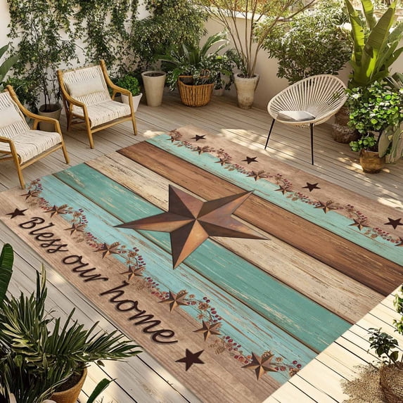 Western Texas Star Vintage Outdoor Rug for Patio/Deck/Porch, Non-Slip Large Area Rug 4 x 6 Ft, Retro Farmhouse Brown Green Wood Grain Indoor Outdoor Rugs Washable Area Rugs, Camping Rug Carpet Runner