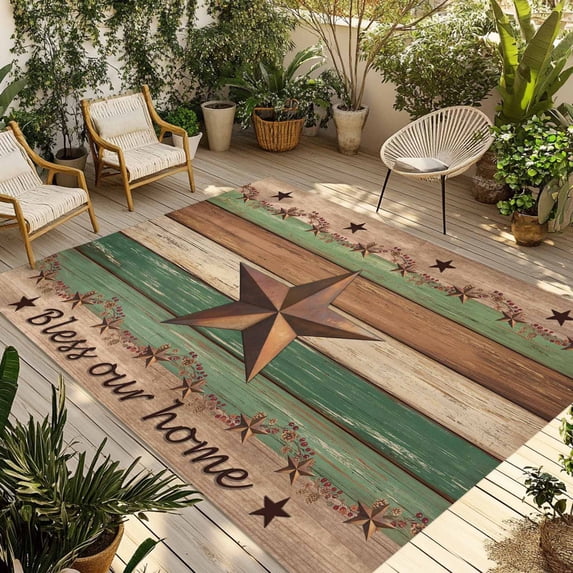 Western Texas Star Vintage Outdoor Rug for Patio/Deck/Porch, Non-Slip Large Area Rug 5 x 8 Ft, Retro Farmhouse Brown Green Wooden Indoor Outdoor Rugs Washable Area Rugs, Camping Rug Carpet Runner