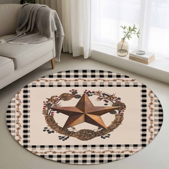 Western Texas Star Vintage Round Area Rug 3Ft Washable Small Circle Rugs for Kitchen Entryway, Rustic Wreath Black Beige Plaid Non-Slip Carpet Floor Mats Indoor Outdoor Carpet Runner Home Decor