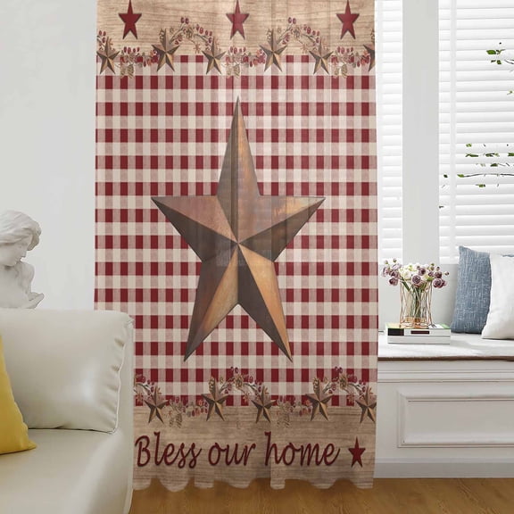Western Texas Star Vintage Sheer Curtains 63 Inches Long for Living Room/Bedroom, Rustic Wreath Wood Red Plaid Rod Pocket Voile Kitchen Curtains & Drapes Window Treatment 1 Panel, 52"W x 63"L