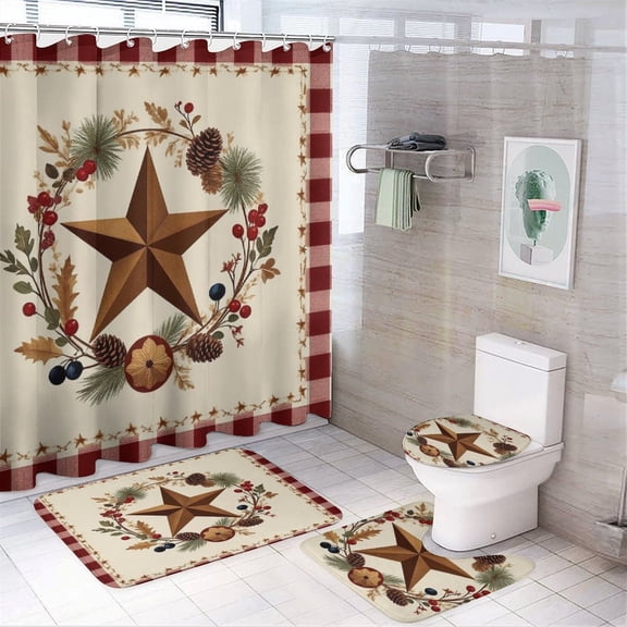 Western Texas Star Vintage Style Stars On Wood Panel Print Rustic (1)-1 Shower Curtain Sets Non-Slip Rugs Bath Mat Toilet Cover U Shaped Mat 4 Pcs