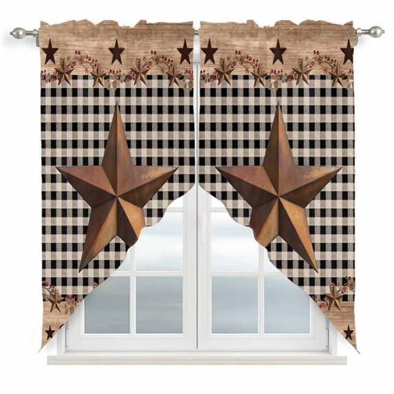 Western Texas Star Vintage Swag Curtains for Kitchen/Bedroom/Living Room, Rustic Wreath Wood Black Plaid Scalloped Curtains 63 Inch Long, Window Swag Topper Curtains Valances 2 Panels Set 36"x63"