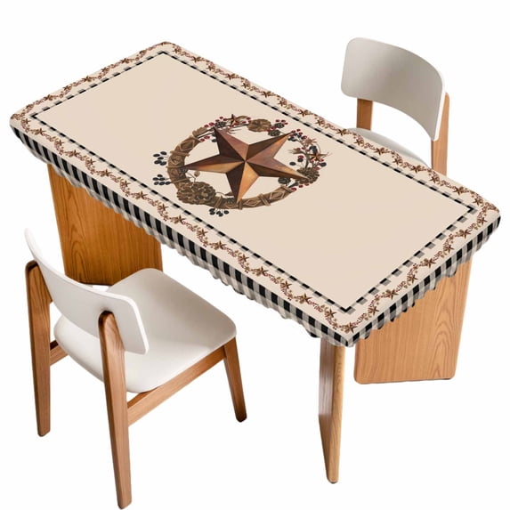Western Texas Star Vintage Table Cloths for 3 Foot Rectangle Tables, Rustic Wreath Black Beige Plaid Patio Waterproof Elastic Fitted Tablecloths, Washable Rectangular Table Cover for Camping