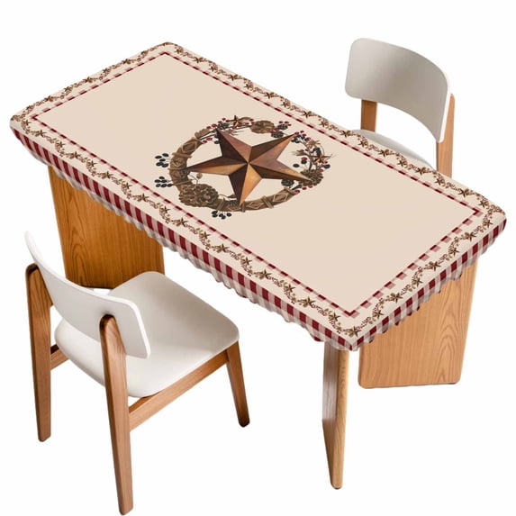 Western Texas Star Vintage Table Cloths for 5 Foot Rectangle Tables, Rustic Wreath Red Beige Plaid Patio Waterproof Elastic Fitted Tablecloths, Washable Rectangular Table Cover for Camping