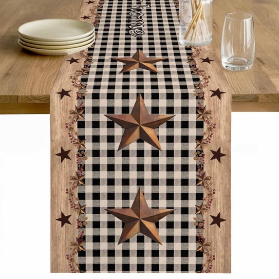 Western Texas Star Vintage Table Runner 108 Inches Long Farmhouse Dress Scarves, Rustic Wreath Wood Black Plaid Dining Tablerunner for Coffee Table/Kitchen Island/Party Décor, 13" x 108"