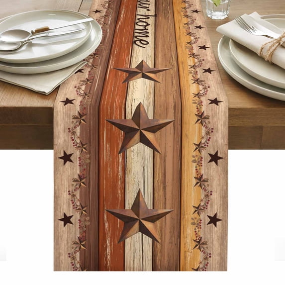 Western Texas Star Vintage Table Runner - 60 Inch Long, Kitchen Dining Table Runner Dresser Scarves, Farmhouse Brown Wood Grain Farmhouse Decor for Coffee Tables Wedding Party Banquet