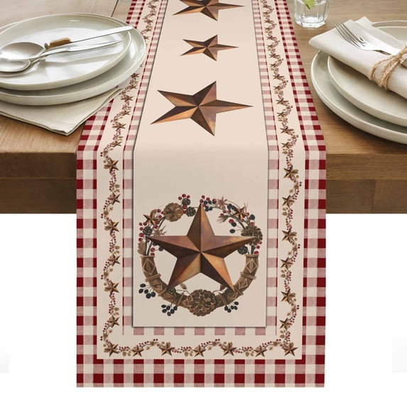 Western Texas Star Vintage Table Runner - 70 Inch Long, Kitchen Dining Table Runner Dresser Scarves, Rustic Wreath Red Beige Plaid Farmhouse Decor for Coffee Tables Wedding Party Banquet