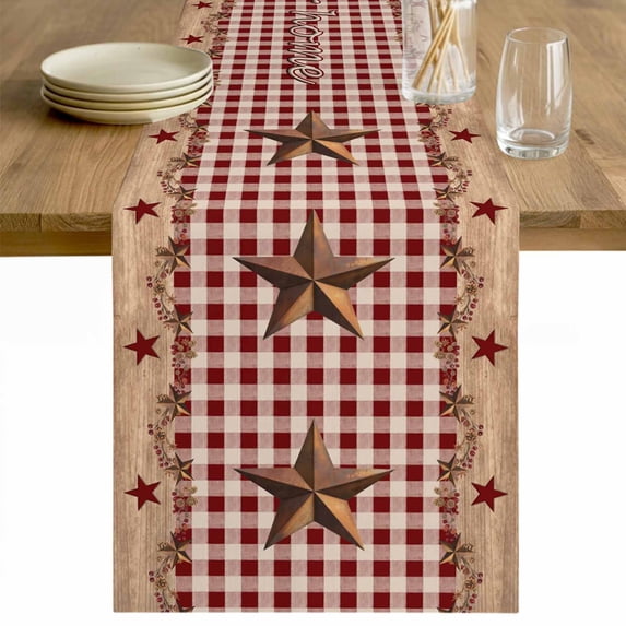 Western Texas Star Vintage Table Runner 90 Inches Long Farmhouse Dress Scarves, Rustic Wreath Wood Red Plaid Dining Tablerunner for Coffee Table/Kitchen Island/Party Décor, 13" x 90"