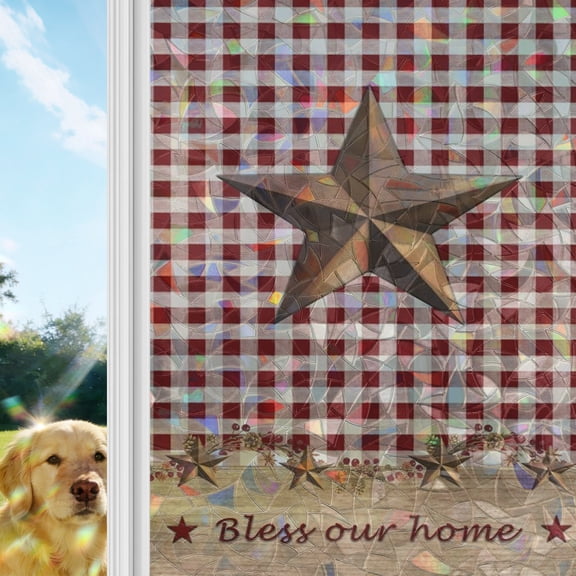 Western Texas Star Vintage Window Privacy Film Stain Glass,Reusable Decorative Rainbow Window Film,Rustic Wreath Wood Red Plaid Static Cling Sun Blocking Stickers Decals Covers 23.6" x 59" (2pcs)
