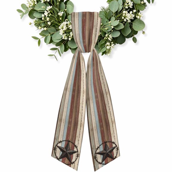 Western Texas Star Vintage Wreath Sash for Front Door, Country Farmhouse Star Wooden Brown Wreath Bow Accent for Fall Christmas Holiday Door Decor, Ribbon Sash for Wreaths, Porch Home Decoration
