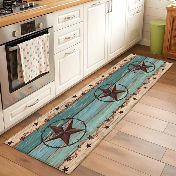 Western Texas Star Washable Area Rug 2x6 Retro Turquoise Wooden Rustic Farmhouse Low-Profile Area Rugs with Non Slip Backing Indoor Floor Carpet for Entrance Living Room Bedroom Home Office
