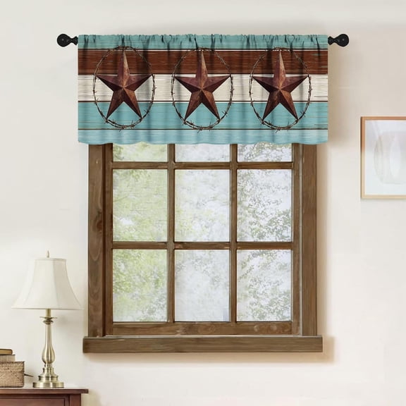 Western Texas Star Window Valance for Kitchen,Country Farmhouse Rustic Blue Brown Stars Wood Pattern Small Short Window Treatment for Bedroom Living Room Bathroom Cafe 1 Piece,54x18 Inch
