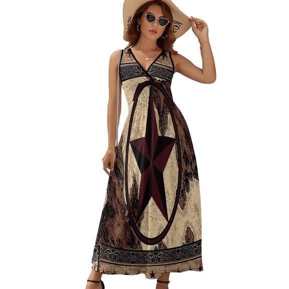 Western Texas Star on Wood Dress Fashion Boho Beach Long Dresses Female Party Printed Maxi Dress