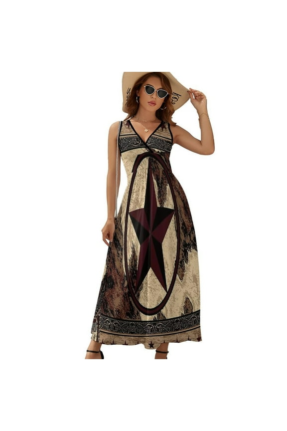 Western Texas Star on Wood Dress Fashion Boho Beach Long Dresses Female Party Printed Maxi Dress