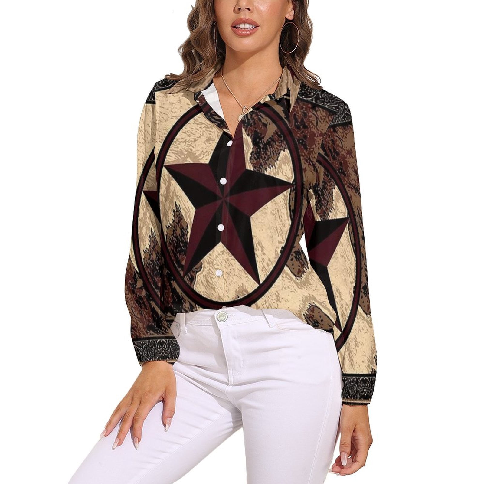 Photo inspiration: Fresh Look at Western Texas Star On Wood Long Sleeve Blouse Woman Streetwear