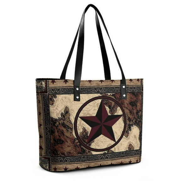 Western Texas Star on Wood Woman Leather Handbags Large Tote Bag Fashion Portable Handbags With Zipper