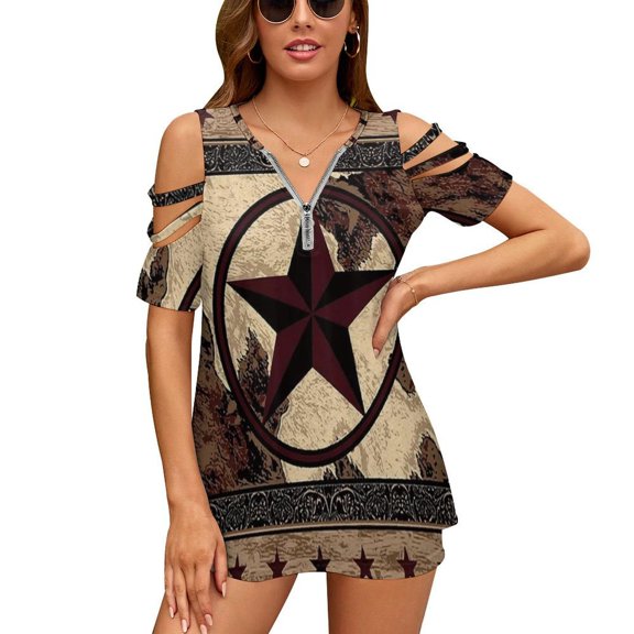 Western Texas Star on Wood Womens Summer V Neck Zipper Top Short Sleeve T Shirt Off Shoulder Top Casual Classy Loose Shirts