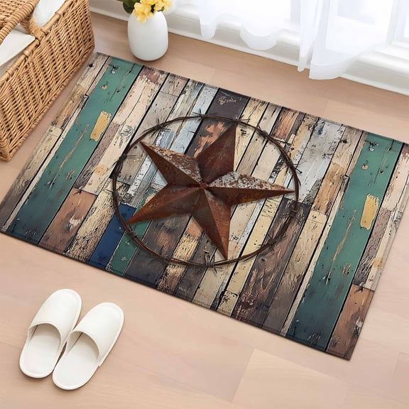 Western Texas Stars Bathroom Mats 2x3 FT, Non Slip Small Kitchen Mat, Teal Brwon Vintage Wooden Plank Washable Soft Backed Front Door Throw Rugs Non-Shedding Indoor Outdoor Doormat for Entryway Sink
