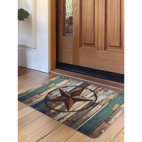 Western Texas Stars Door Mat Indoor Outdoor Entrance, Non Slip Rug for Kitchen Bathroom Entryway Rug, Teal Brwon Vintage Wooden Plank Washable Doormat Floor Mat for Office Home Decor 24x36 Inch