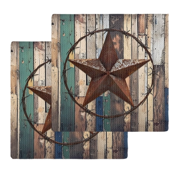 Western Texas Stars Kitchen Dish Towels for Drying Dishes Set of 2, Teal Brwon Vintage Wooden Plank Waffle Weave Microfiber Hand Tea Bathroom Towels Quick Dry & Absorbent Towel 12x12