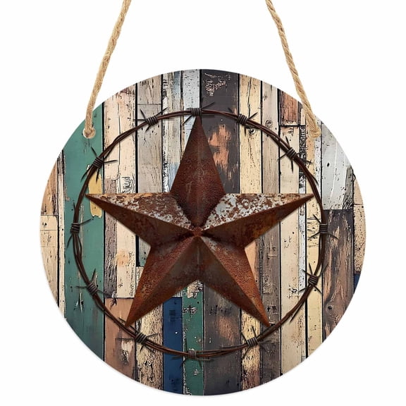 Western Texas Stars Round Front Door Welcome Sign, 5.9 Inch Wall Hanging Decor for Indoor Outdoor, Teal Brwon Vintage Wooden Plank Home Porch Hanger Decorations for Holiday Gift