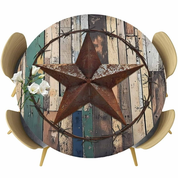 Western Texas Stars Round Tablecloth 36-44 Inch Round Fitted Table Cloth with Elastic Edge, Teal Brwon Vintage Wooden Plank Waterproof Table Cover Protector for Outdoor Picnic Party Dining
