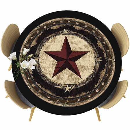 Western Texas Stars Round Tablecloth, Fitted Table Cover with Elastic for 55"-60" Round Tables, Farmhosue Country Vintage Table Cloth Outdoor Indoor Dinning Party Waterproof Tablecloths