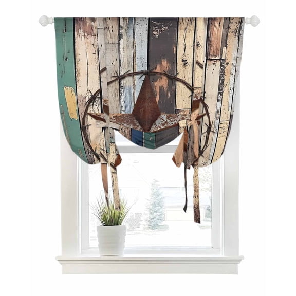 Western Texas Stars Tie Up Curtains for Window, Thermal Insulted Balloon Shade Adjustable Rod Pocket Curtains Valance Panels for Kitchen Bathroom Cafe 42 x 63 Teal Brwon Vintage Wooden Plank