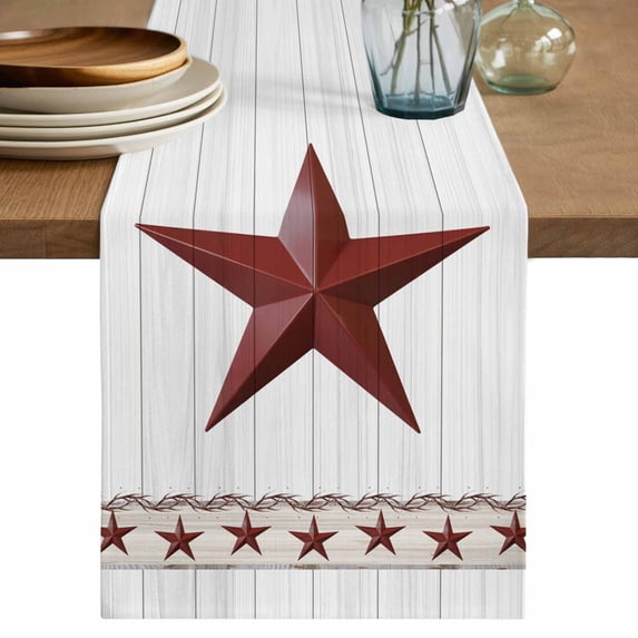 Western Texas Table Runner, Vintage Red Star Farmhouse Red Stars Wood Grain Cotton Linen Kitchen Table Decoration Washable Dining Tabletop Runners for Home Party Decor 13x36 Inches