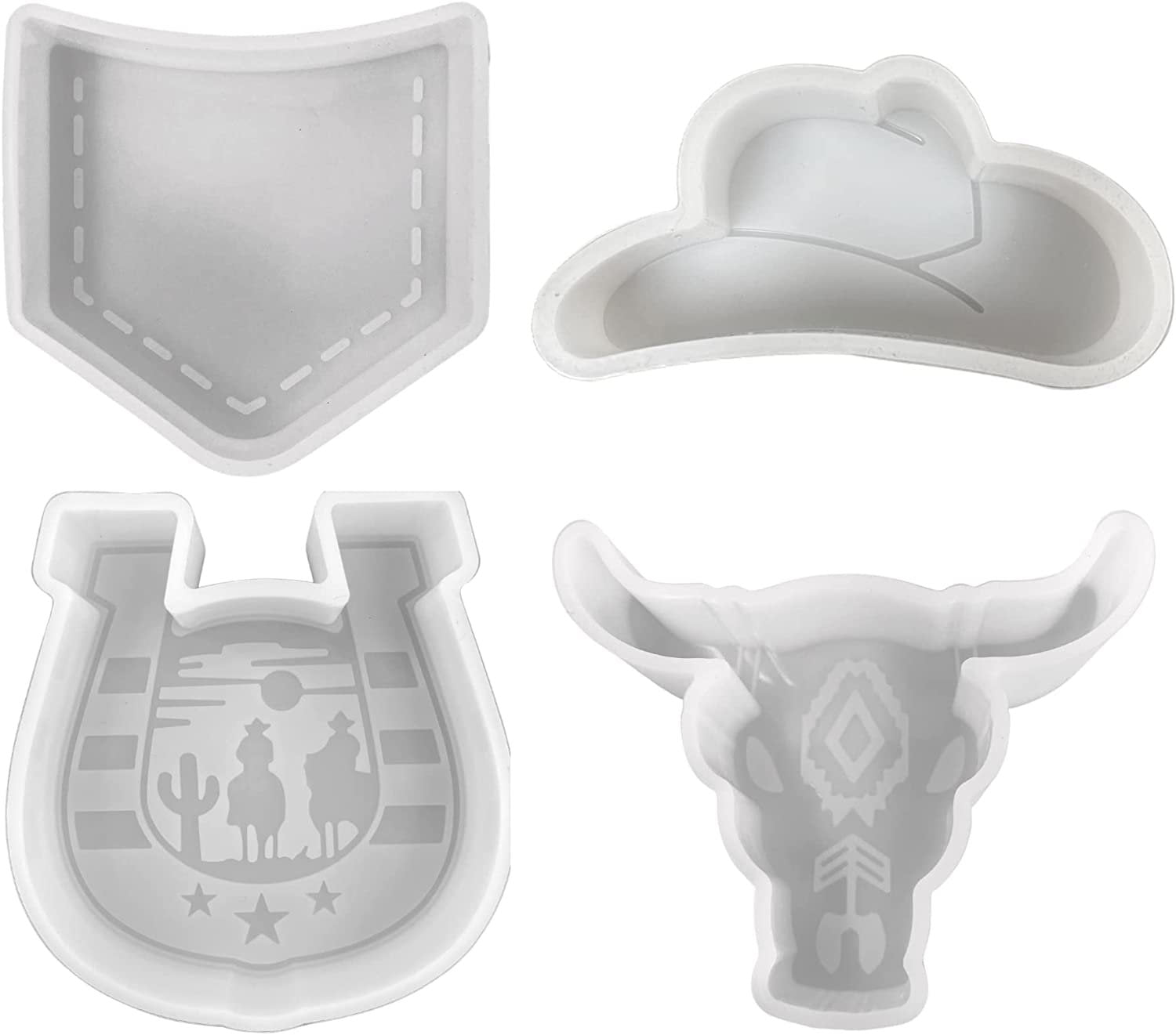 Western Theme Freshie Molds Bulk 4pk Longhorn Bull Skull, Jean Pocket, Horseshoe, Cowboy Hat Car Freshie Silicone Mold for Scented Aroma Beads, Car Candle, Soap Oven Safe Bake Heat Resistant to 400 F