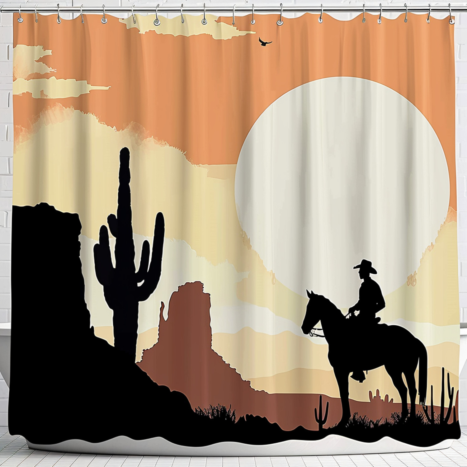 Western Theme Shower Curtain with Cowboy on Horse Silhouette Cactus and
