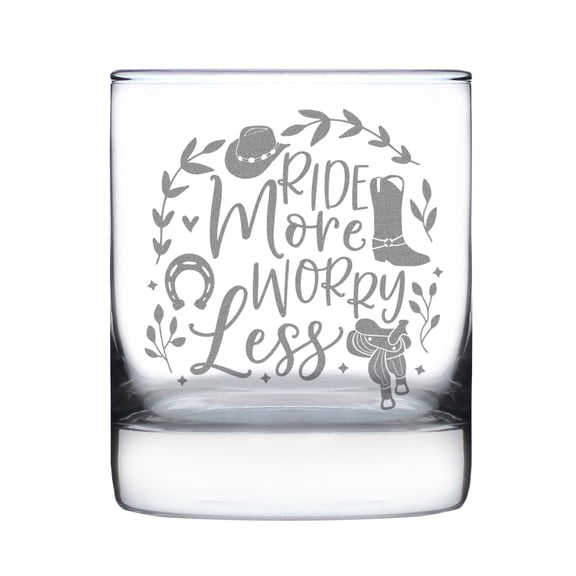 Western Themed Engraved Rocks Glass, Ride More Worry Less Hand Etched, 10oz Whiskey Cowboy Hat Horse Rider