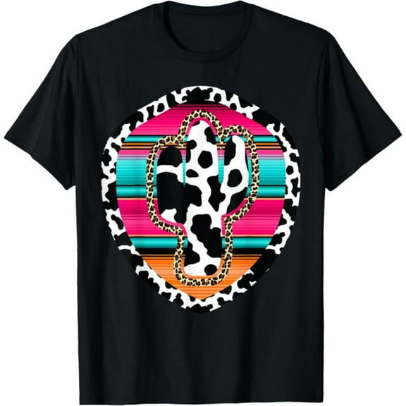 Western - Themed Printed Tee,Tops Features Cow Print Cactus with Leopard Trim & Serape Background, Round Neck Regular Fit T - shirts, Size(S - 5XL)