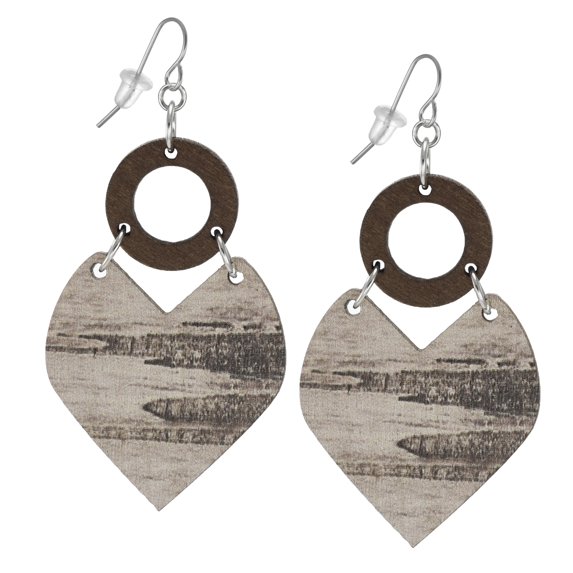 Western Themed Wood Teardrop and Wood Earrings, Platinum Ear Wires, Grey