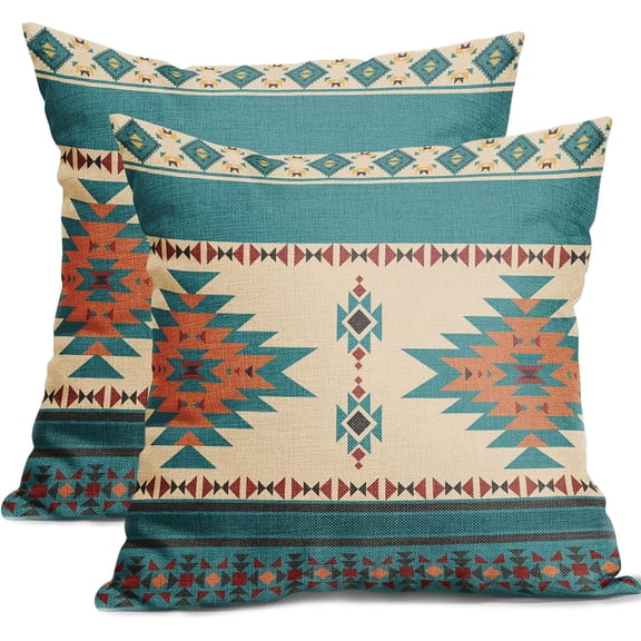 Western Throw Pillow Covers 18x18 Inch Vintage Turquoise Set of 2 Southwestn Aztec Decorative Pillows Linen Cushion Cover Square Indoor Outdoor Living Room Bedroom Sofa Chair Home Decor (BZ)