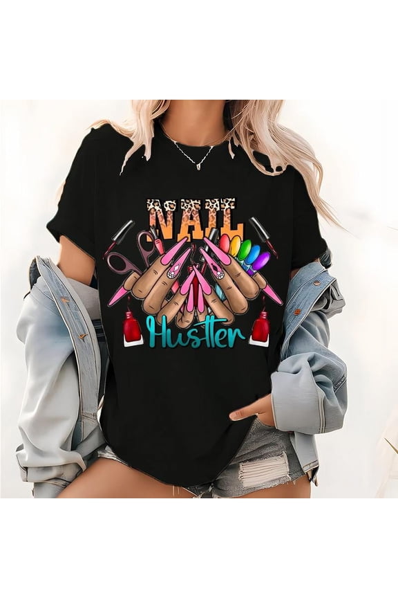 Western Tie Dye Nail Hustler T Shirt Leopard Graphic Tees Nail Technician Digital Pattern Tops for Womens Daily Outfits Black,S