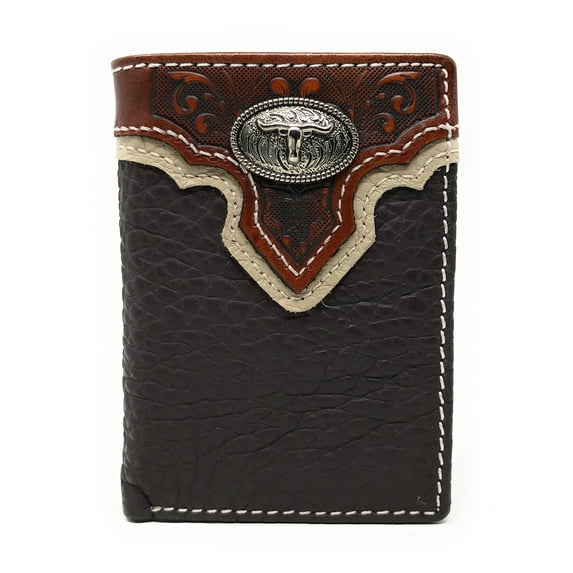 Western Tooled Genuine LeatherLonghorn Men's Short Trifold Wallet in 2 colors