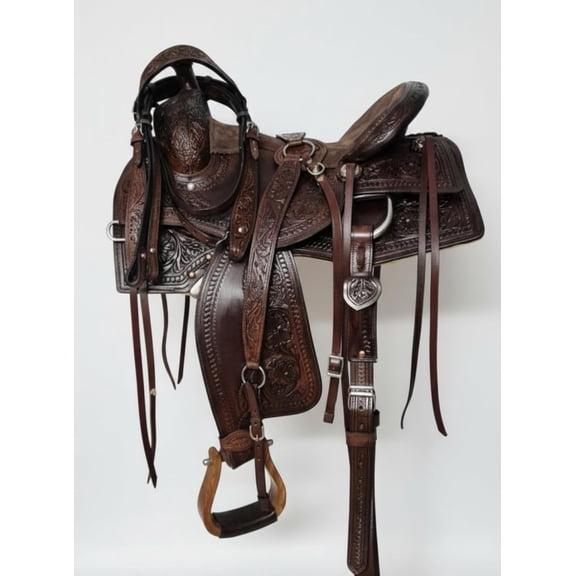 Western Tooled Leather Horse Saddle with Wooden Stirrups, Dark Brown Ranch Riding Saddle/All Customization Available