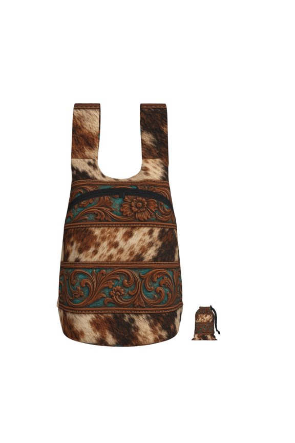 Western Tooled Leather Pattern Art Foldable Storage Backpack Lightweight Packable Travel Daypack for Shopping Commuting Hiking