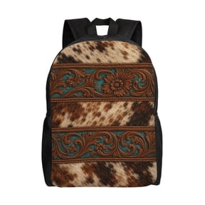 Western Tooled Leather Pattern Art Laptop Backpack, Padded 15.6 Inch Computer Compartment, Casual Travel Work Daypack