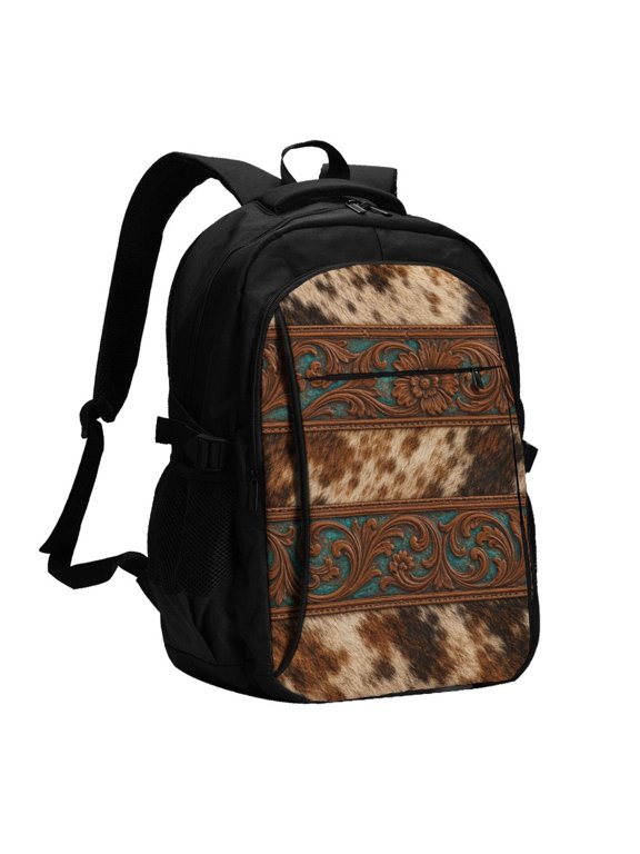 Western Tooled Leather Pattern Art Laptop Backpack with USB Charging Headphone Port Casual Daypack Bag College Business Travel