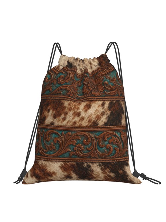 Western Tooled Leather Pattern Art Large Drawstring Backpack Casual Cinch Sack Bag Backpack for Sports Hiking Travel Gym