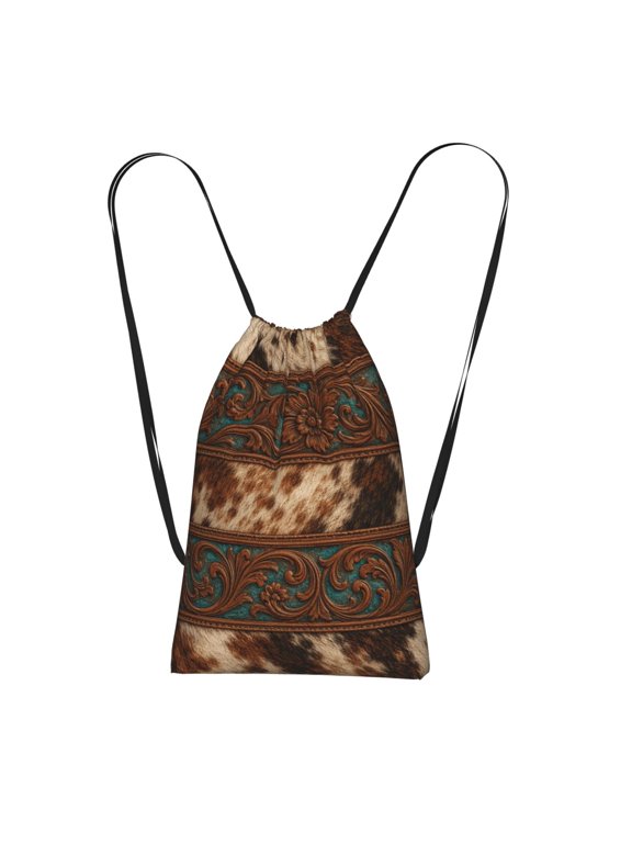 Western Tooled Leather Pattern Art Packable Drawstring Backpack, Lightweight Foldable Cinch Storage Bag for Gym Travel Shopping