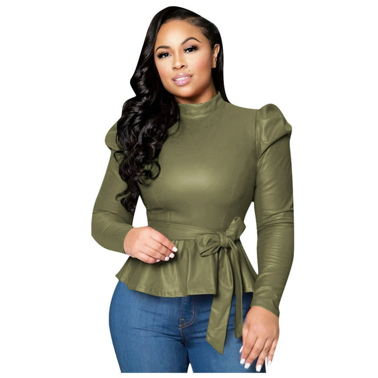 Western Tops for Ladies PU Faux High Neck Leather Peplum Bow Tie Pullover  Trendy Plus Size Tops Womens Fall Fashion Solid Color Sweatshirts Loose  Tunic Long Sleeve T Shirts Green XXL 