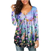 Western Tops for Ladies Pleated Henley Neck Pullover Trendy Plus Size Tops Long Sleeve T Shirts Floral Printed Sweatshirts Loose Tunic Womens Fall Fashion Pink XXL