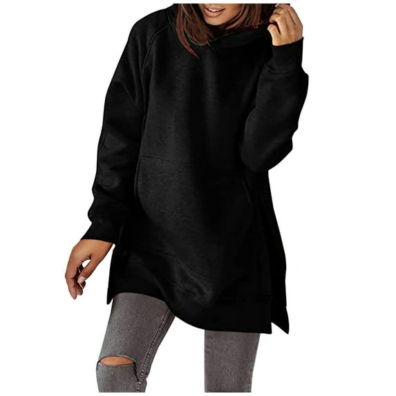 Western Tops for Ladies Side Splite Long Hooded Pullover Loose Tunic Plus Size Tops Womens Fall Fashion Solid Color Sweatshirts Long Sleeve T Shirts Trendy Black L