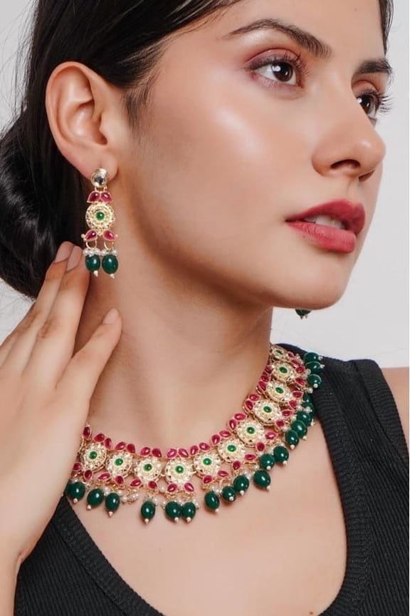 Western/Traditional Fashion Jewellery Set With Earring (Ruby Green)